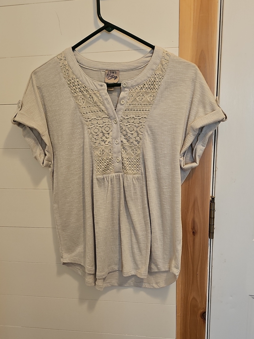 Cozy Crochet Yoke Short Sleeve Top - Light Green